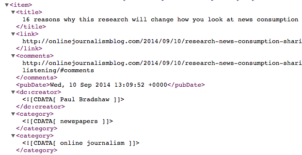 Further down the RSS feed for Online Journalism Blog you can see 'item' tags - these are individual posts