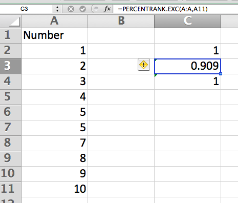 This screenshot shows the results of three formulae: the first uses PERCENTRANK, the last uses PERCENTRANK.INC and the selected middle one uses PERCENTRANK.EXC