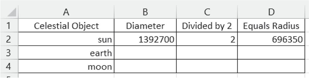 Illustration of how to calculate radius using an Excel sheet.