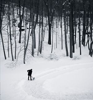 A man shoveling a huge track of snow in a winter forest