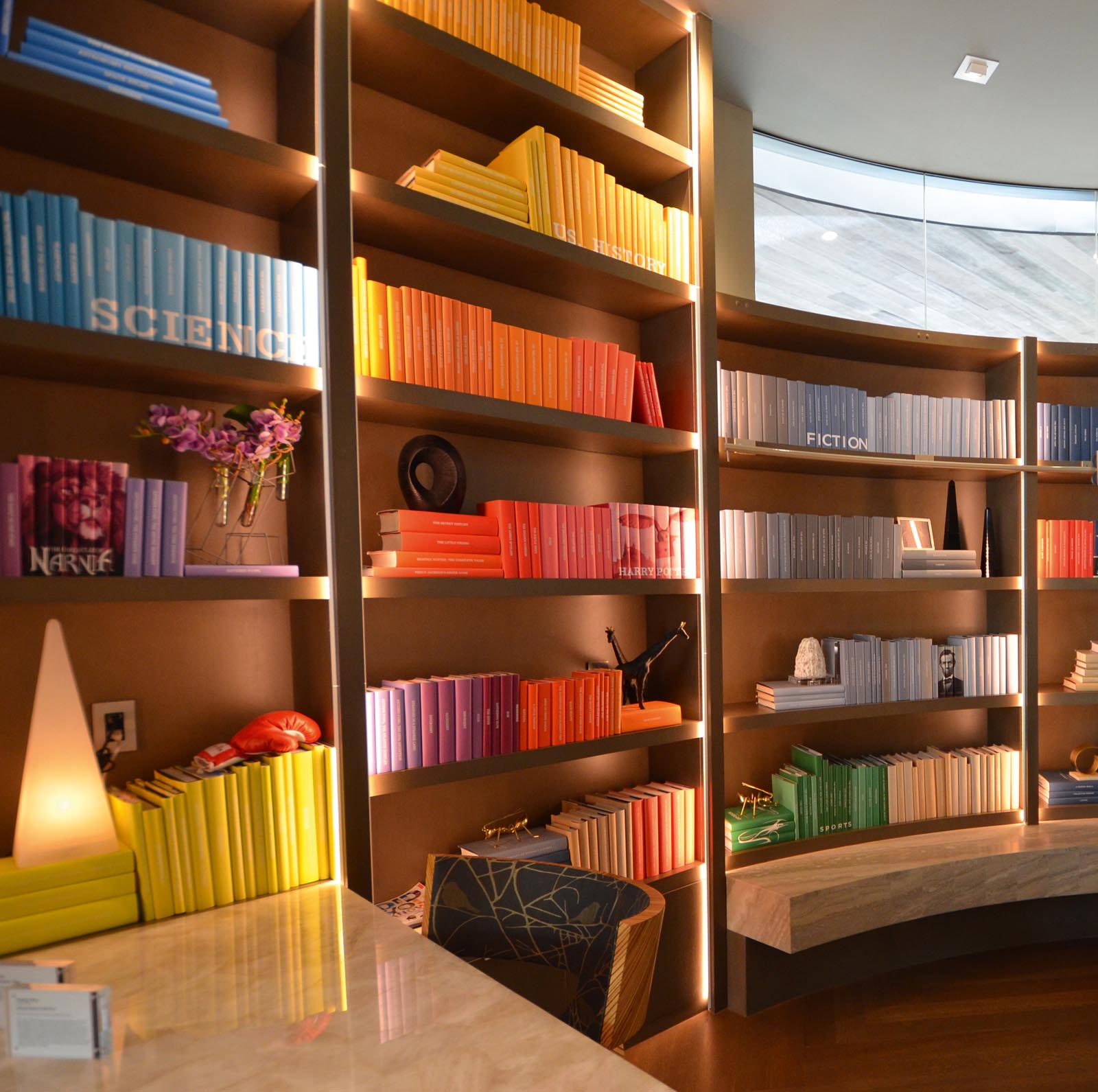 Photo of a library with books grouped by subject with color-coordinated jackets.