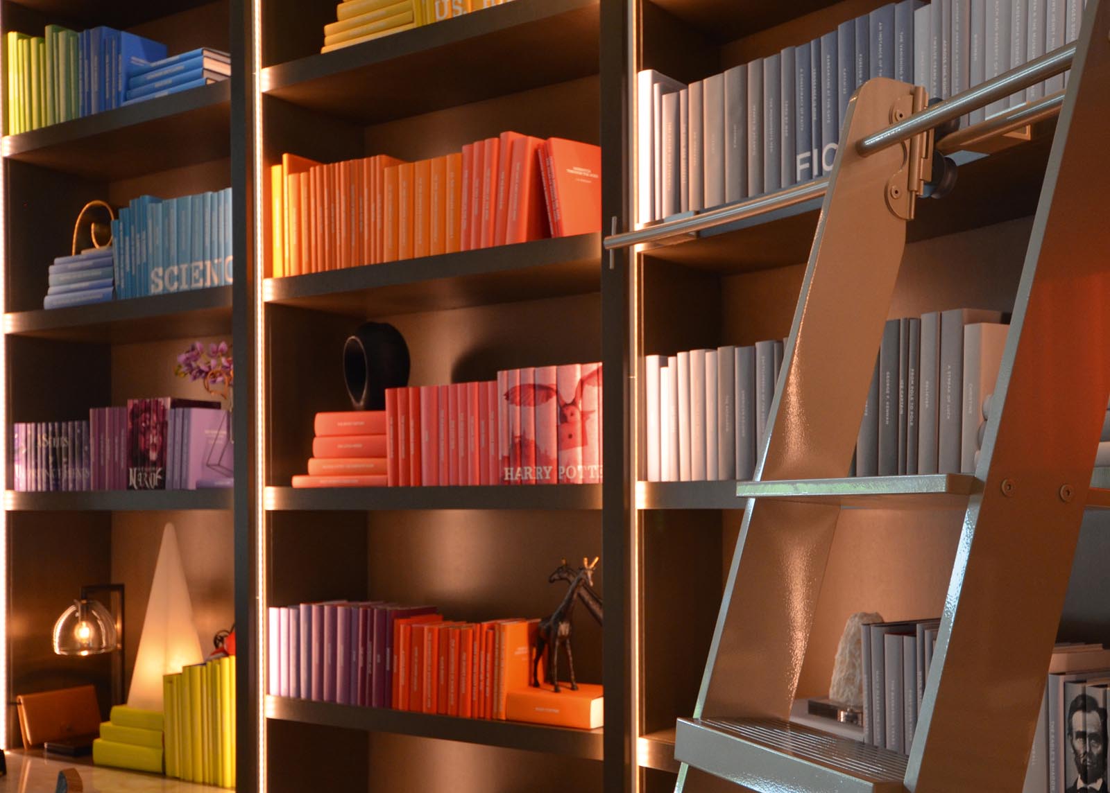 Photo of libraty shelves with groups of books in custom-colored jackets.