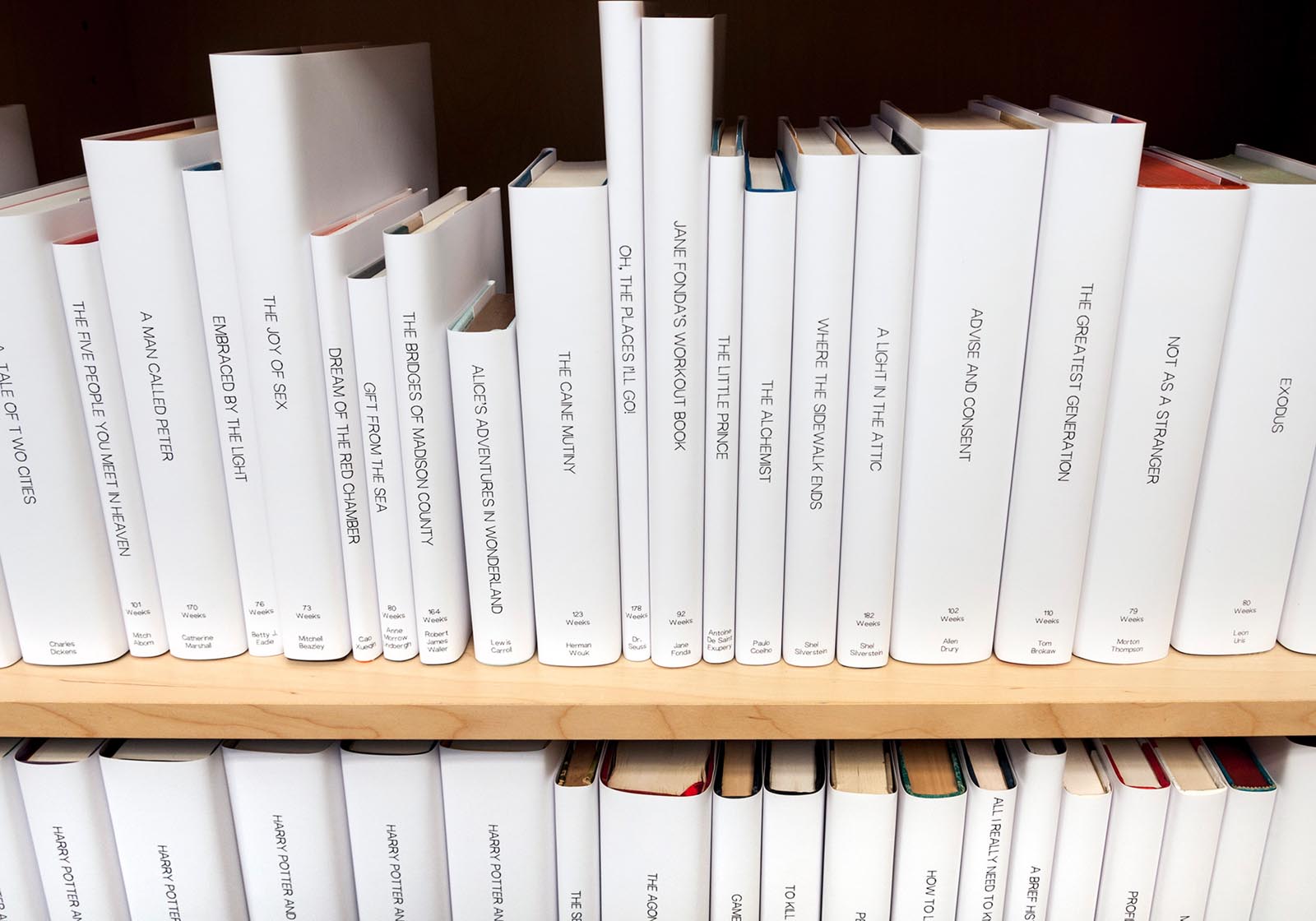 Photo of shelves of books with white jackets featuring matching spine type.