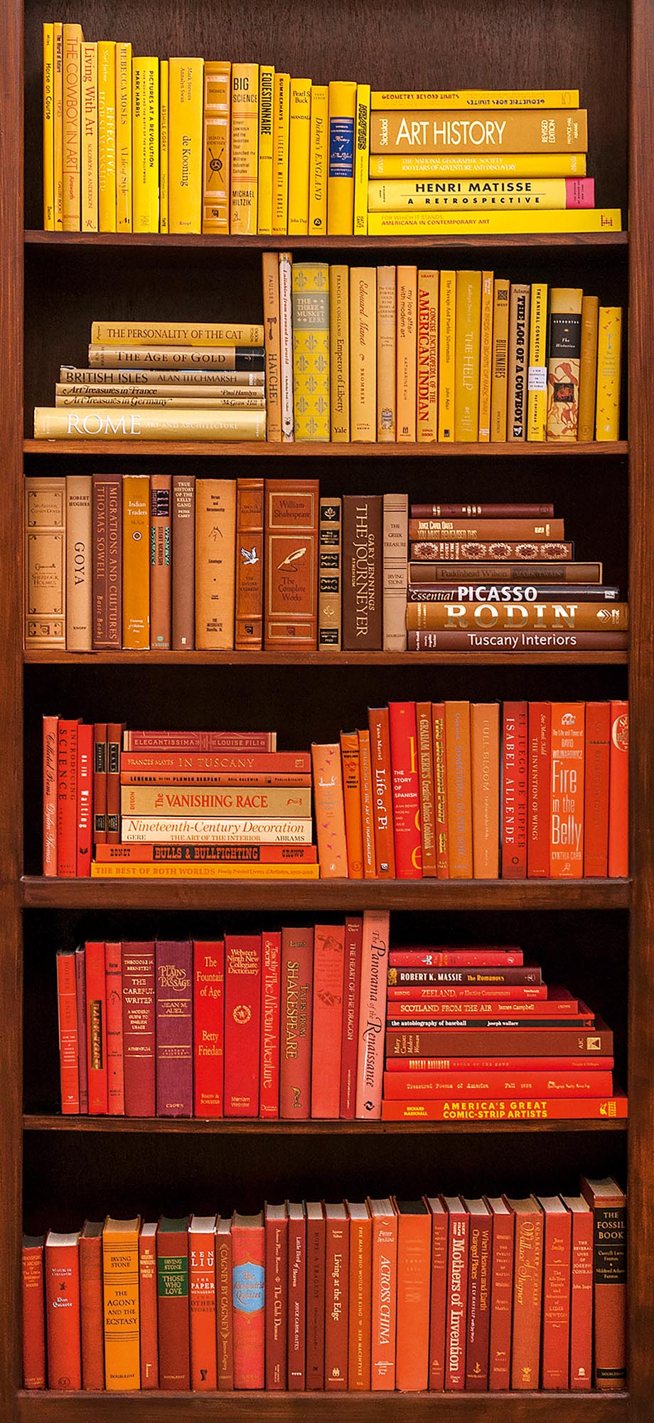 Photo of a tall bookshelf filled with books in yellows, tans, oranges, and reds.