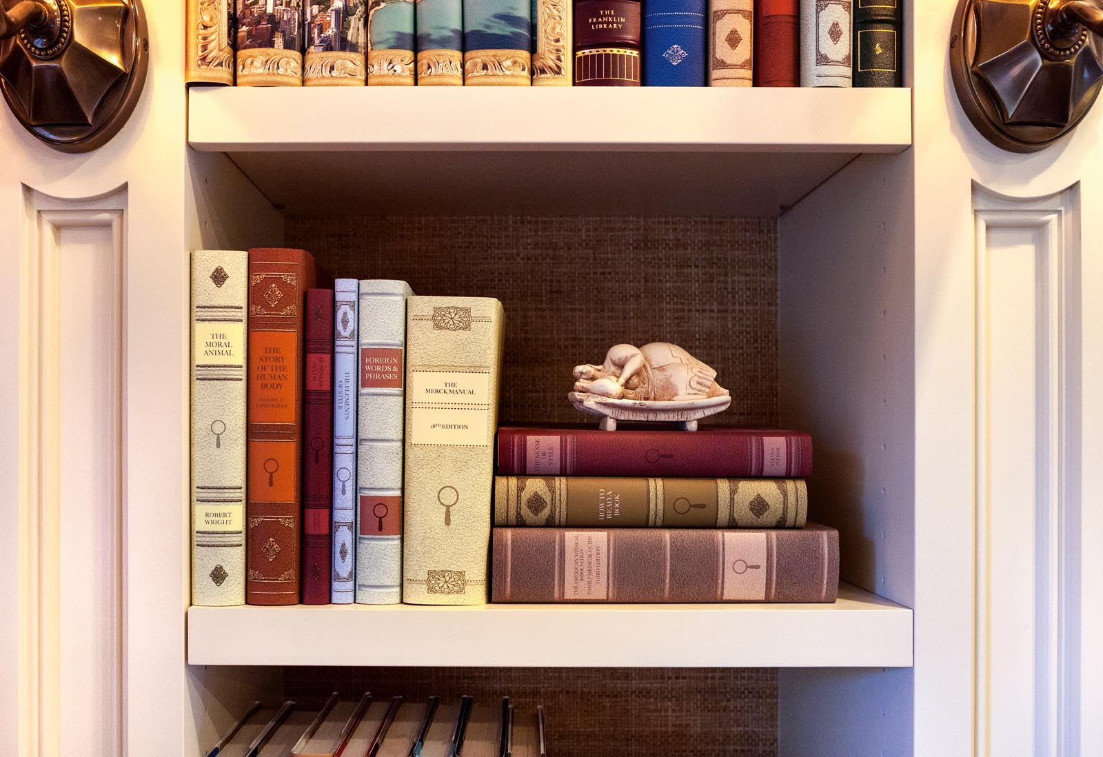 Photo of a shelf with books in jackets designed like leather-bound books.