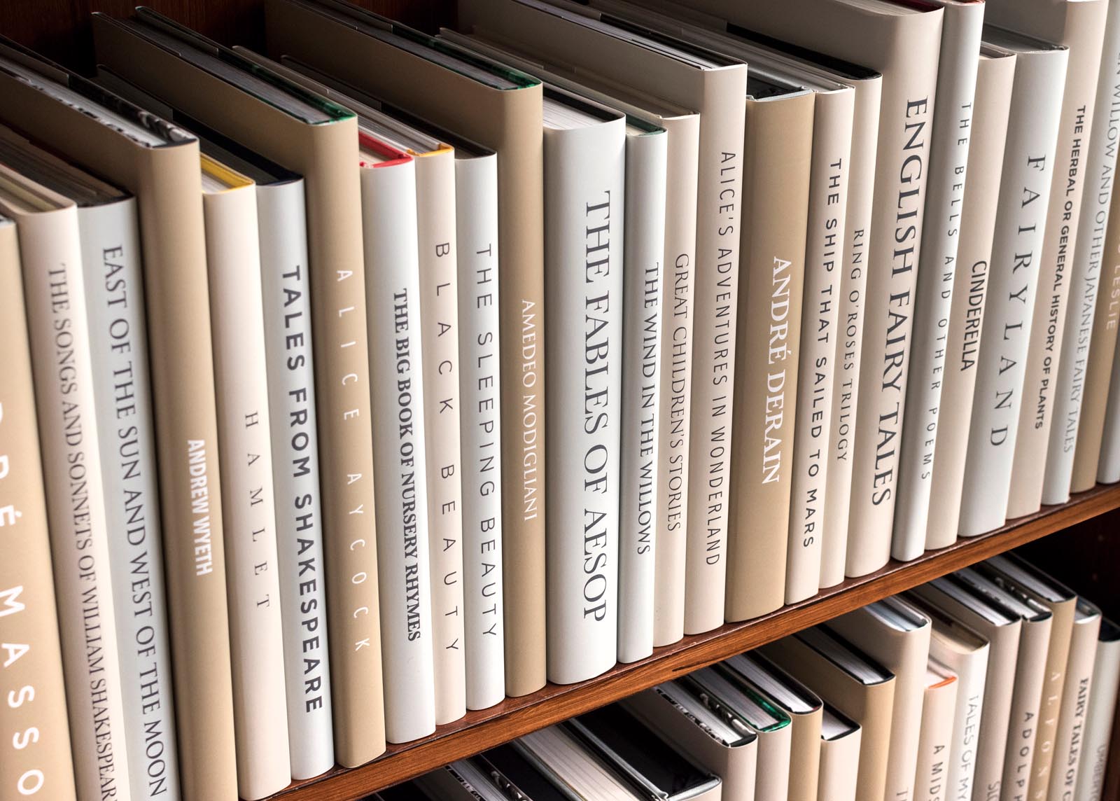 Photo of books with jackets in white and tans.