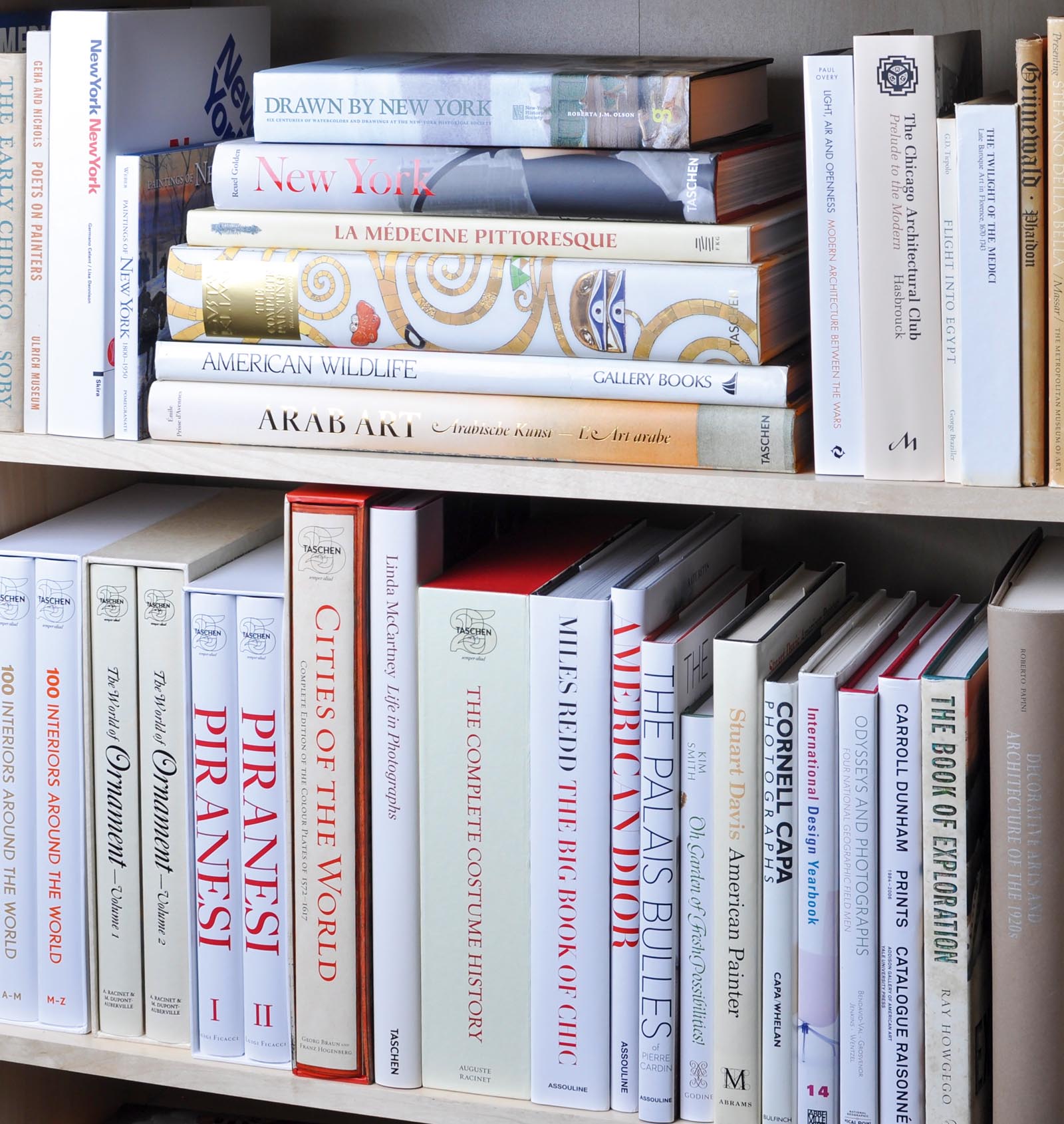 Photo of shelves of books with covers and jackets in neutral hues.