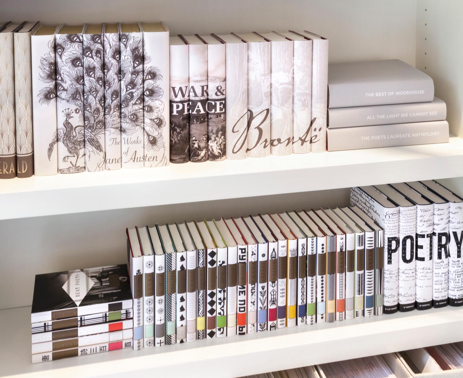 Photo of a collection of books with custom spines showing authors or subjects for each group.