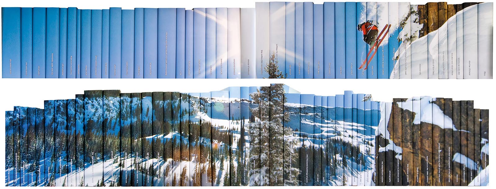 Photo of a large set of books jacketed so the spines so an image of a snowy forested mountain and a skier.