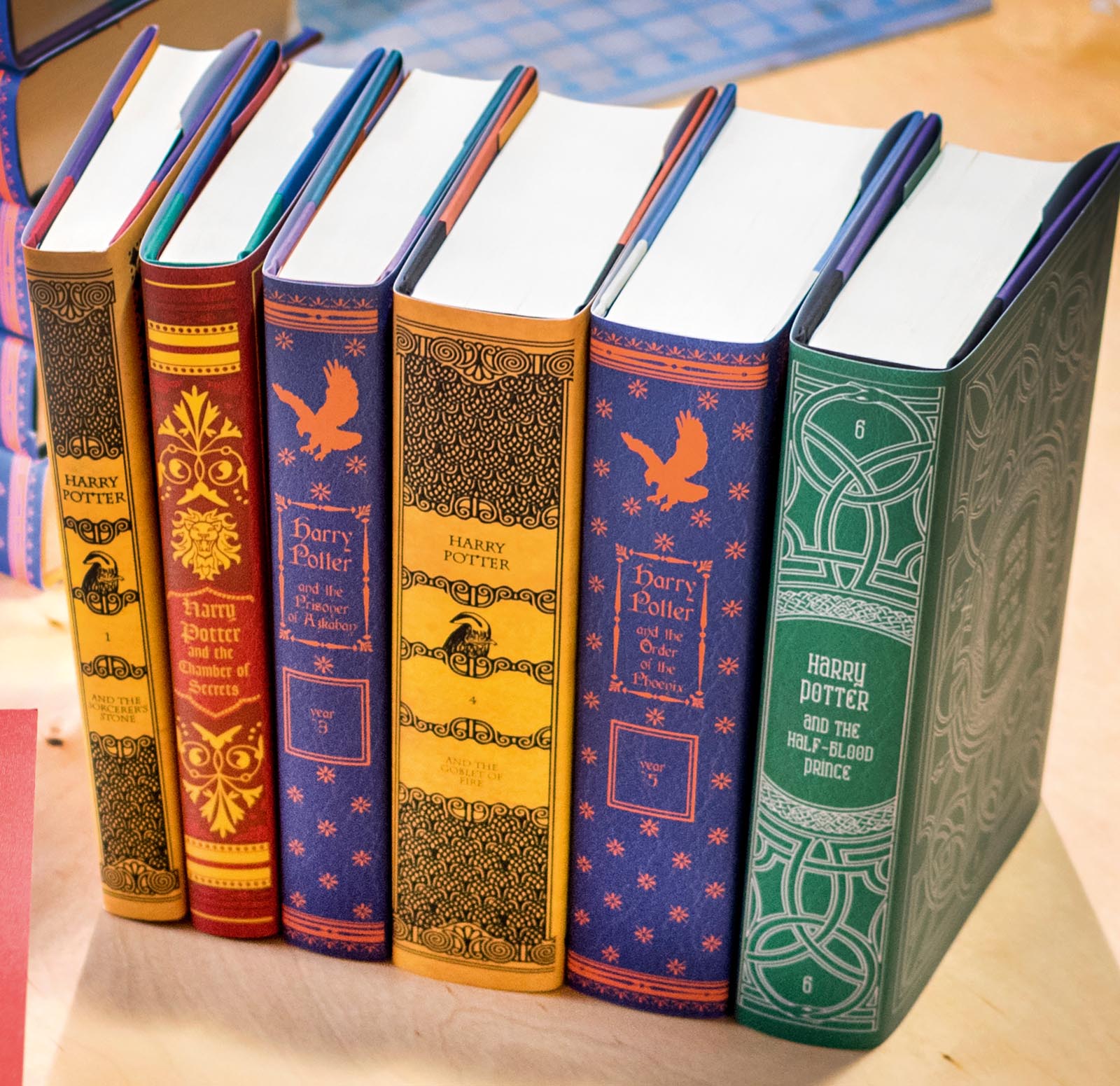 Photo of custom jackets on a set of Harry Potter books.