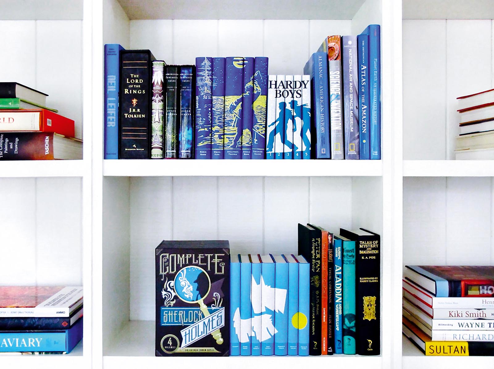 Photo of white shelves with groups of books featuring custom jackets with themed images in blue and yellow tones.