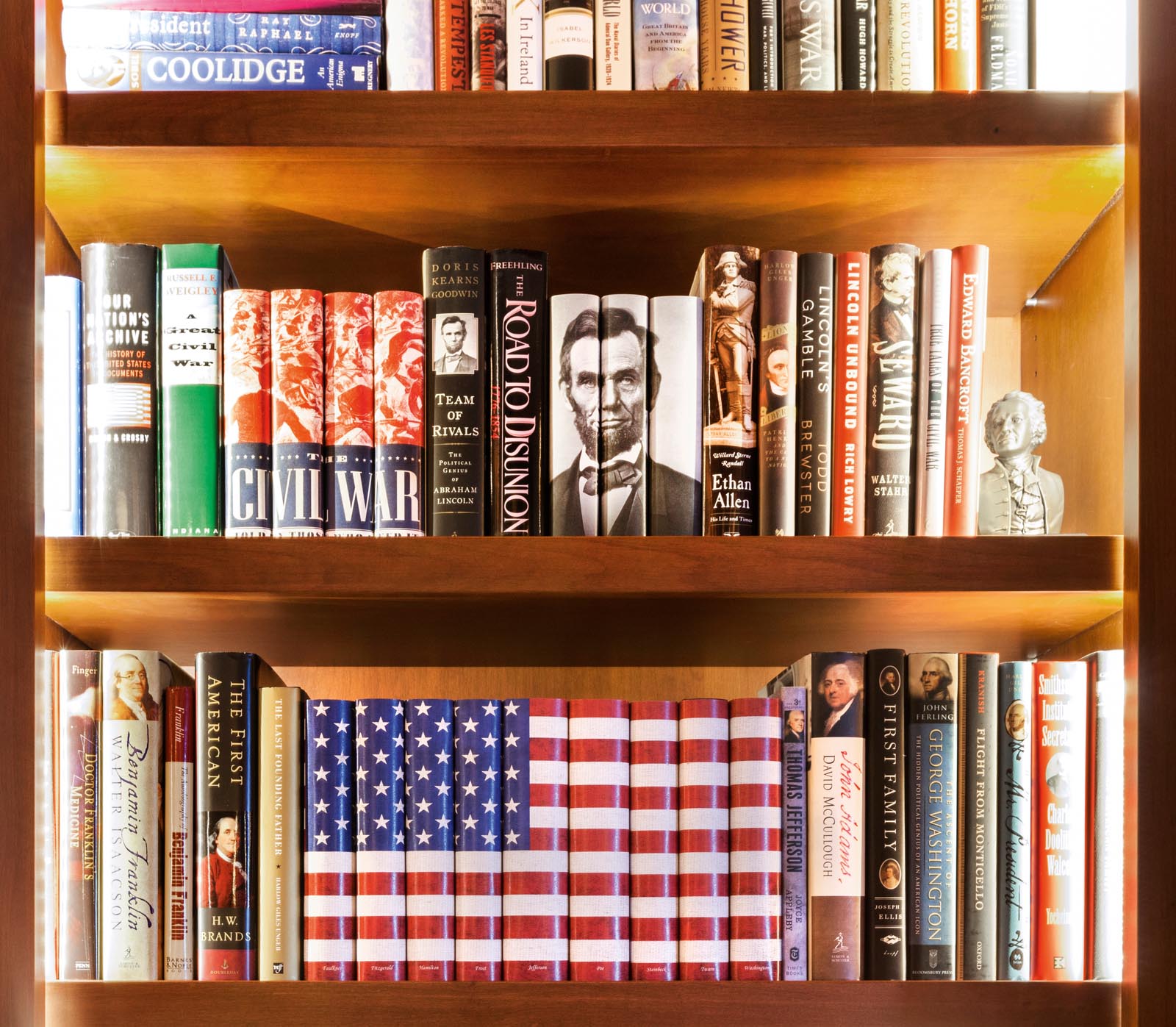 Photo of shelves of books with a collection of war and political histories.