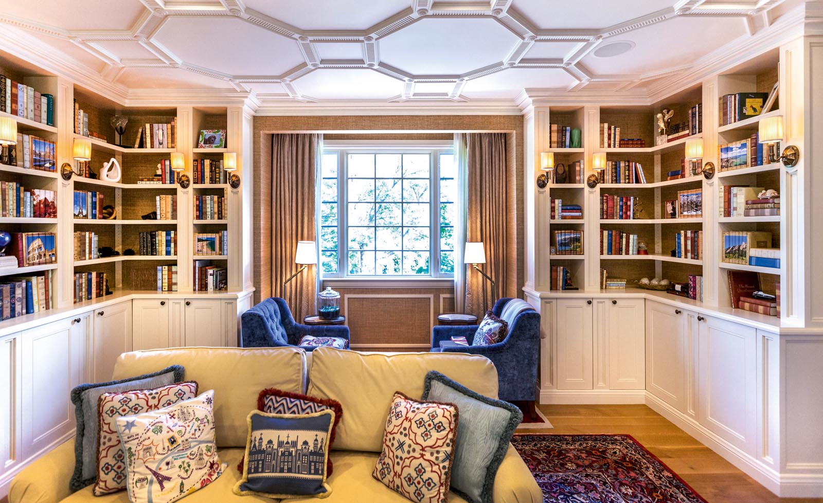 Photo of shelves lining the walls of a sitting area.