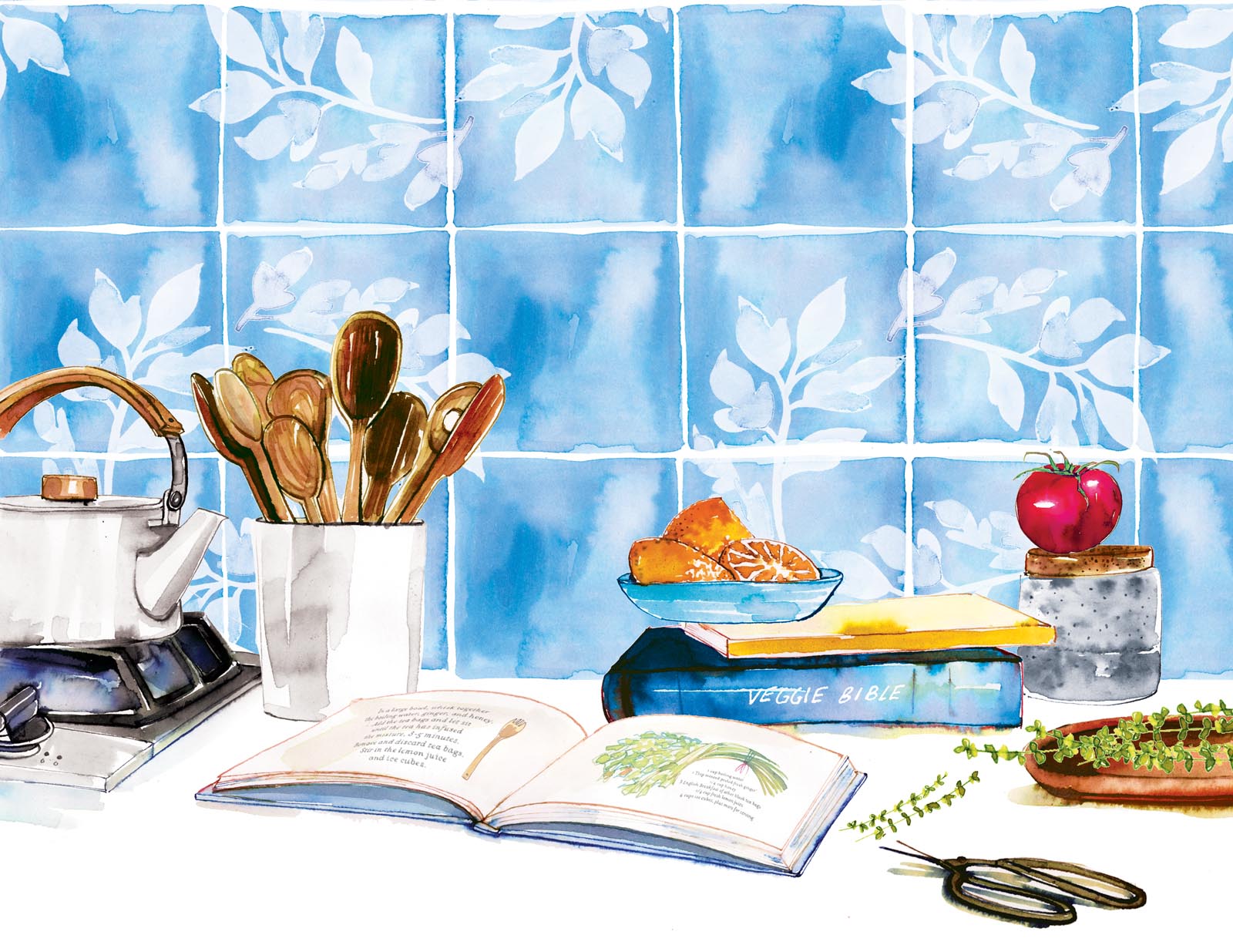 Illustration of a kitchen counter with cookbooks and herbs.