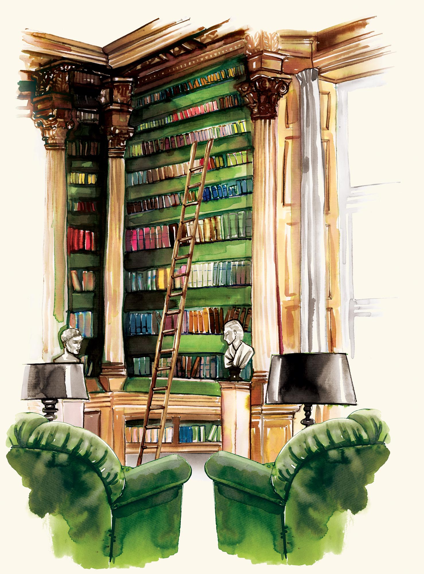 Illustration of a high-ceilinged library with intricate wood carving and green chairs and shelf backing.