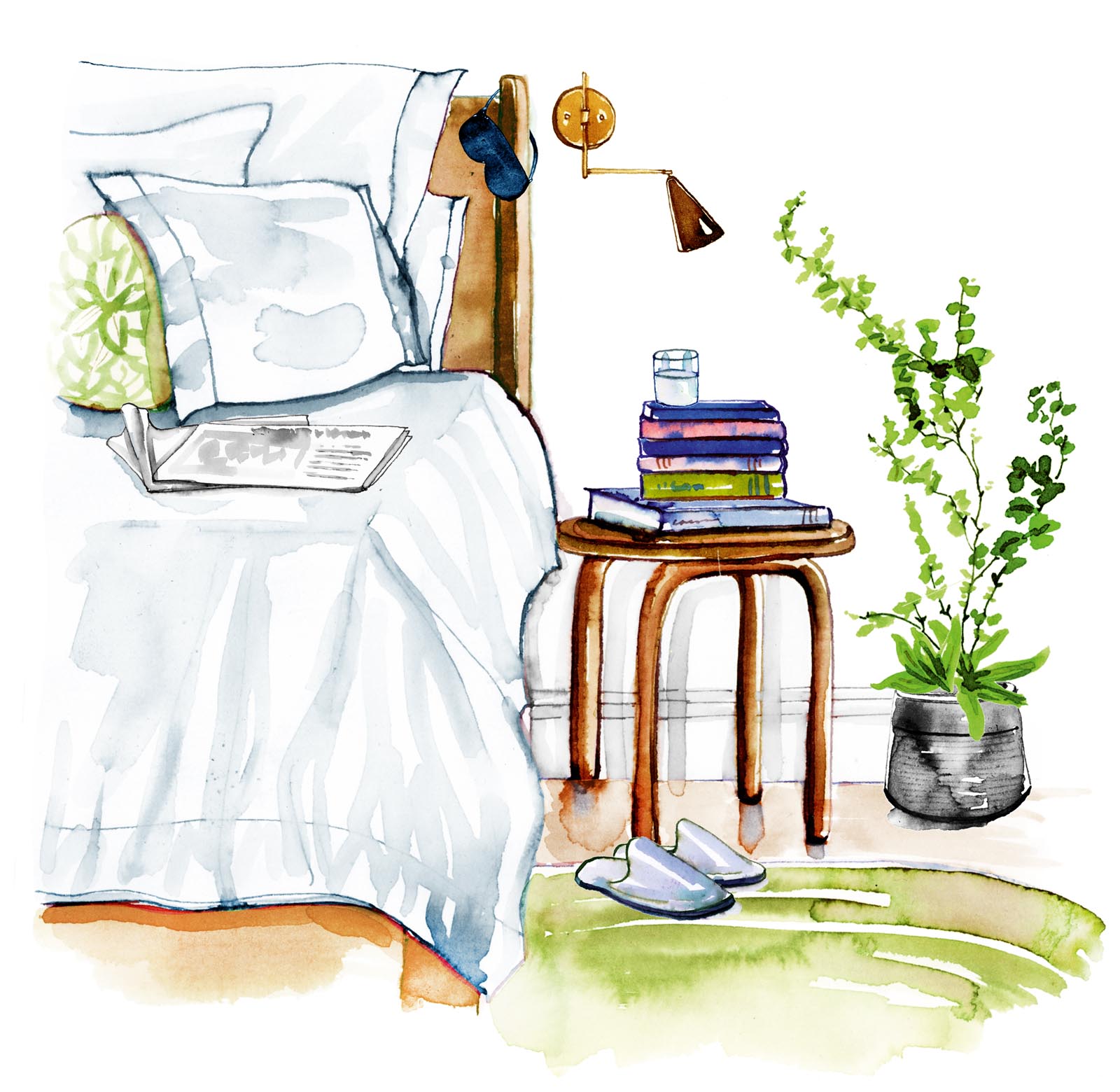 Illustration of a stool with a stack of books beside a bed.