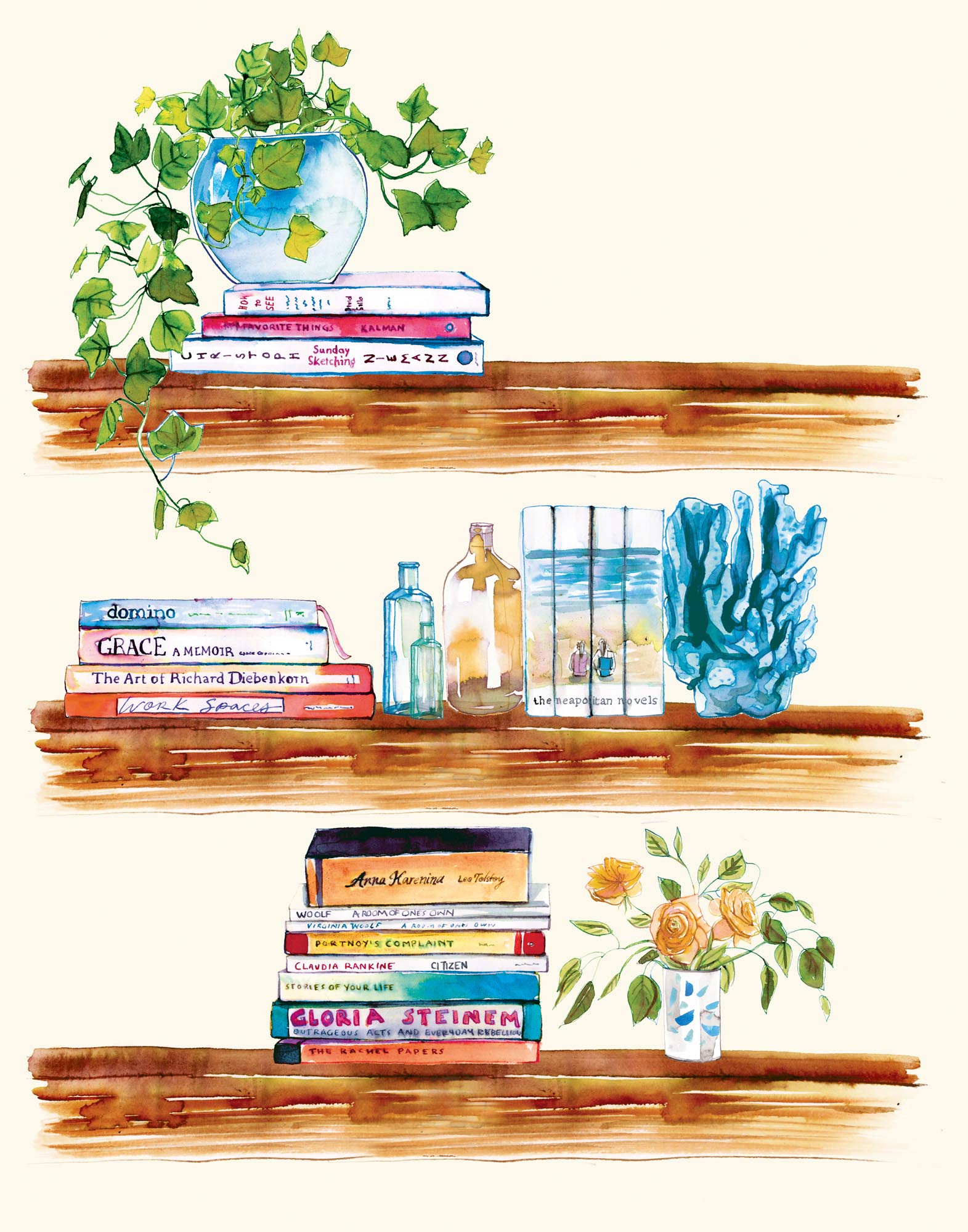 Illustration of plants, a bottle collection, and stacks of books on wooden shelves.