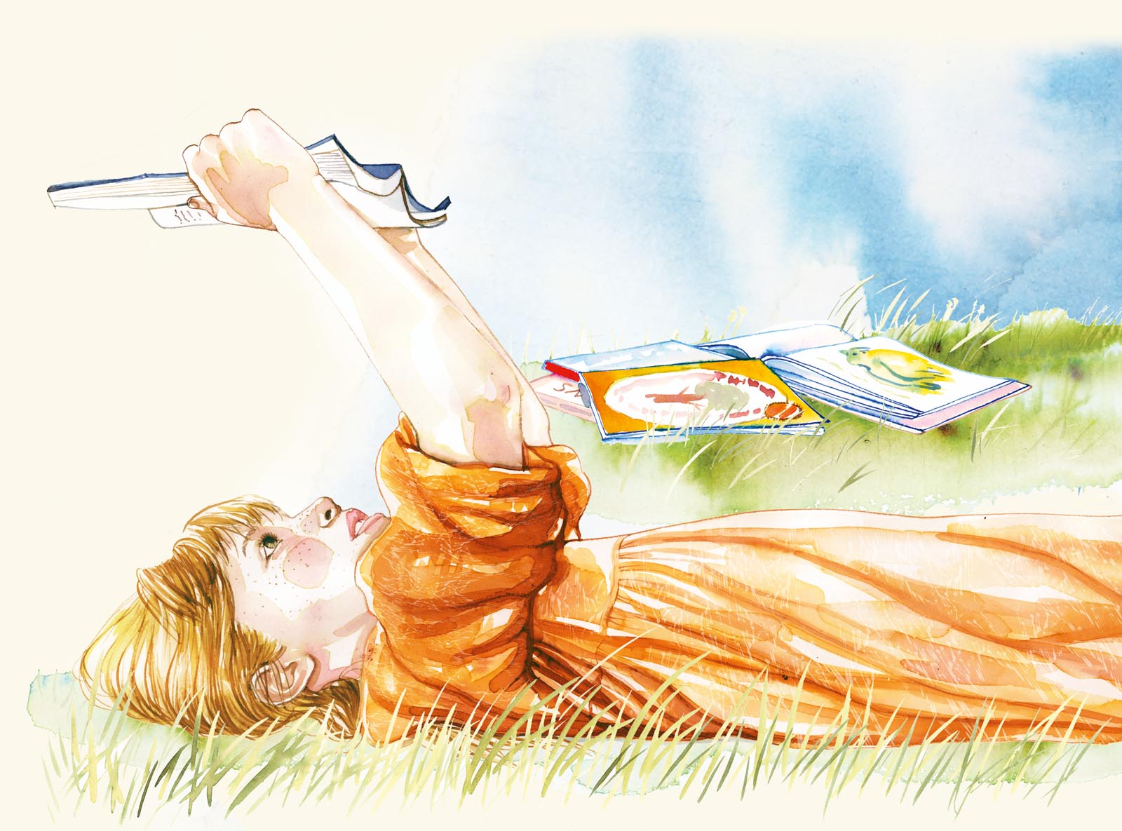 Illustration of a girl lying on the grass and holding a paperback over her head.