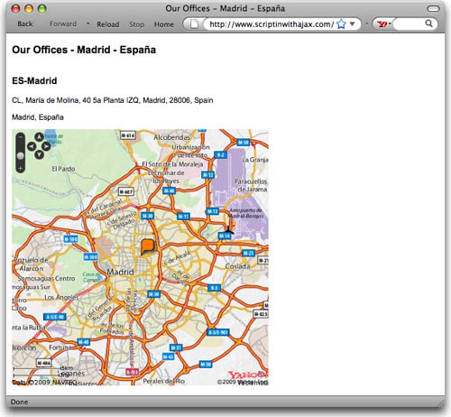 When a search result is selected, the information and map for the selected location are displayed.