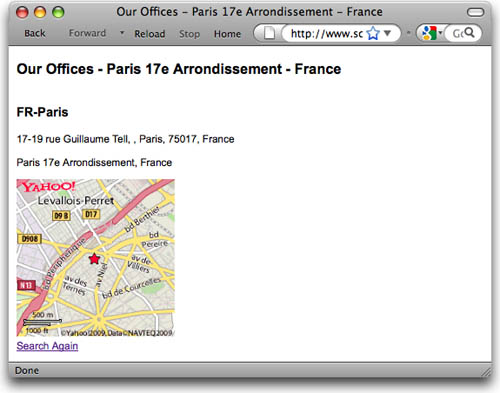 Selecting Paris from the drop-down menu displays the full details of the location and map.