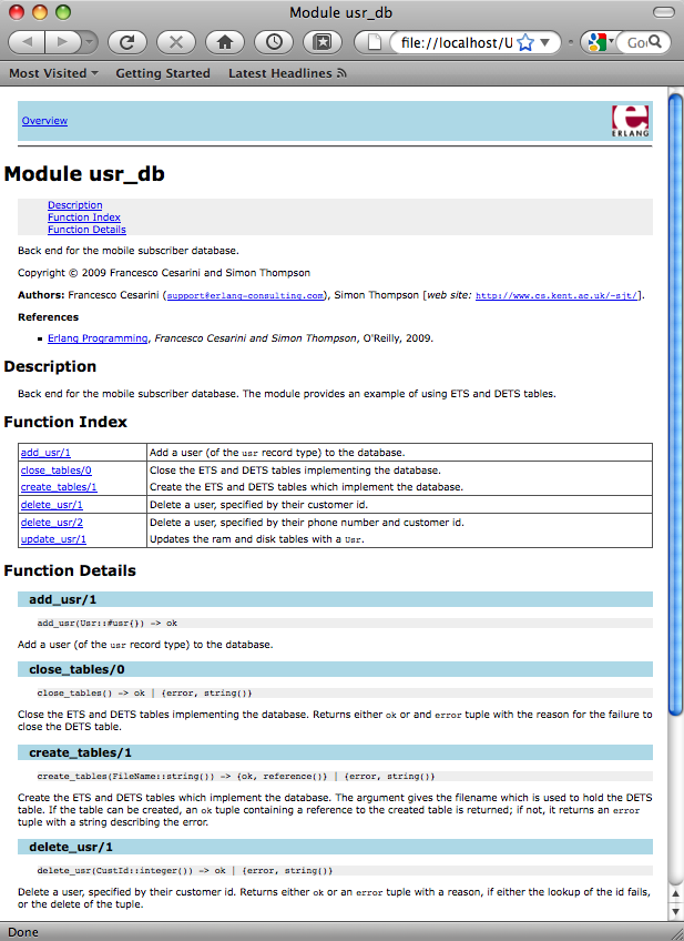 EDoc page for (a fragment of) usr_db.erl