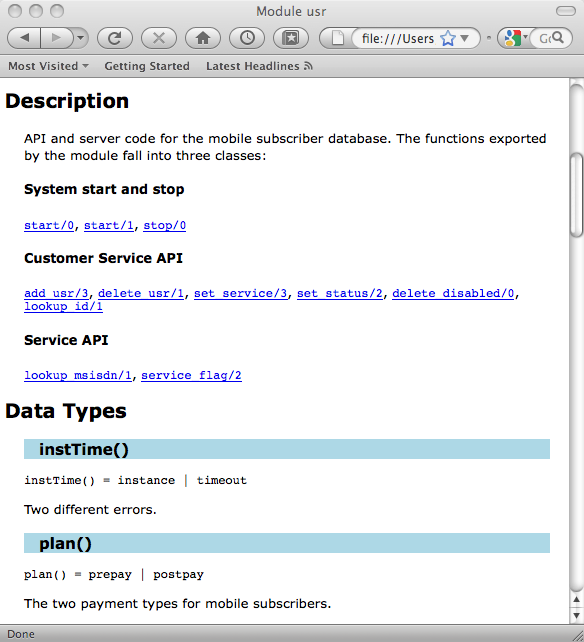 A fragment of the web page for usr.erl