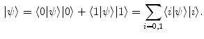 $$\begin{aligned} |\psi \rangle = \langle 0 | \psi \rangle |0\rangle + \langle 1 | \psi \rangle |1\rangle = \sum \limits _{i=0,1} \langle i | \psi \rangle |i\rangle . \end{aligned}$$