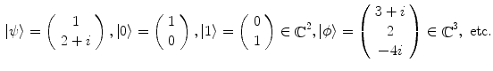 $$\begin{aligned} |\psi \rangle = \left( \begin{array}{c} 1\\ 2+i \end{array} \right) , |0\rangle = \left( \begin{array}{c} 1\\ 0 \end{array} \right) , |1\rangle = \left( \begin{array}{c} 0\\ 1 \end{array} \right) \in \mathop {\mathbb {C}}\nolimits ^2, |\phi \rangle = \left( \begin{array}{c} 3+i \\ 2 \\ -4i \end{array} \right) \in \mathop {\mathbb {C}}\nolimits ^3, \ \mathrm {etc}. \end{aligned}$$