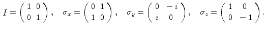 $$\begin{aligned} \mathop {I}\nolimits = \left( \begin{array}{cc} 1 &{} 0\\ 0 &{} 1 \end{array}\right) ,\quad \sigma _x = \left( \begin{array}{cc} 0 &{} 1\\ 1 &{} 0 \end{array}\right) ,\quad \sigma _y = \left( \begin{array}{cc} 0 &{} -i\\ i &{} 0 \end{array}\right) ,\quad \sigma _z = \left( \begin{array}{cc} 1 &{} 0\\ 0 &{} -1 \end{array}\right) . \end{aligned}$$