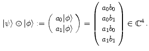 $$\begin{aligned} |\psi \rangle \otimes |\phi \rangle := \left( \begin{array}{c}a_0 |\phi \rangle \\ a_1 |\phi \rangle \end{array}\right) = \left( \begin{array}{c}a_0 b_0 \\ a_0 b_1 \\ a_1 b_0 \\ a_1 b_1\end{array}\right) \in \mathop {\mathbb {C}}\nolimits ^4. \end{aligned}$$