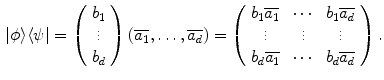 $$\begin{aligned} |\phi \rangle \langle \psi | = \left( \begin{array}{c} b_1 \\ \vdots \\ b_d \end{array} \right) (\overline{a_1},\ldots ,\overline{a_d}) = \left( \begin{array}{ccc} b_1\overline{a_1} &{} \cdots &{} b_1 \overline{a_d} \\ \vdots &{} \vdots &{} \vdots \\ b_d \overline{a_1} &{} \cdots &{} b_d \overline{a_d} \end{array} \right) . \end{aligned}$$