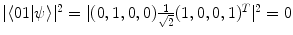 $$|\langle 01 | \psi \rangle |^2 = |(0,1,0,0) \frac{1}{\sqrt{2}}(1,0,0,1)^T|^2 = 0$$