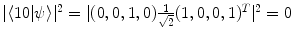 $$|\langle 10 | \psi \rangle |^2 = |(0,0,1,0) \frac{1}{\sqrt{2}}(1,0,0,1)^T|^2 = 0$$