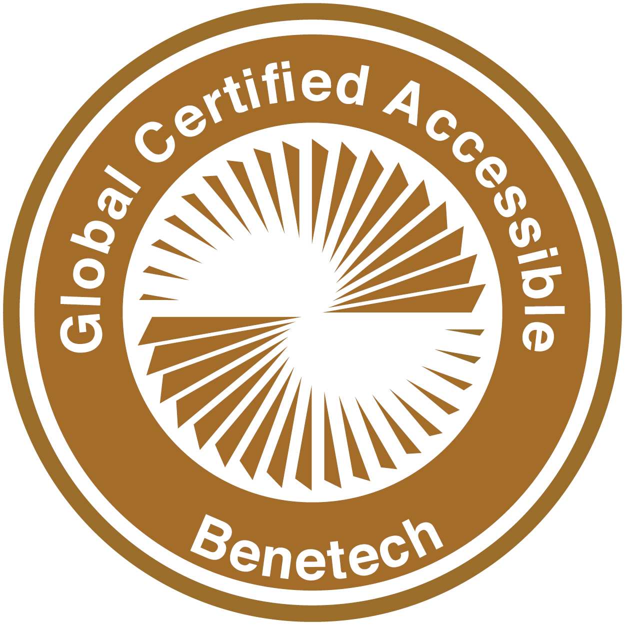 Accessibility certification badge: circular, light-brown design with the words Global Certified Accessible and Benetech inside.