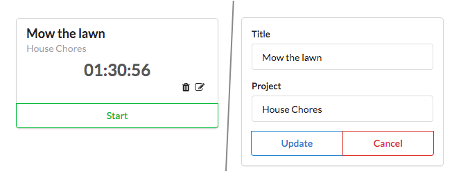 A single timer: Displaying time (left) vs. edit form (right)