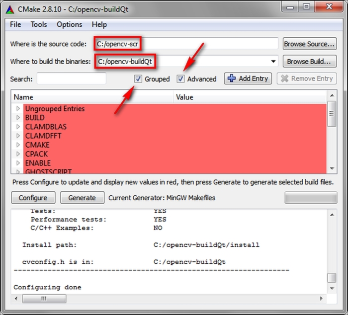 Configuring OpenCV with CMake