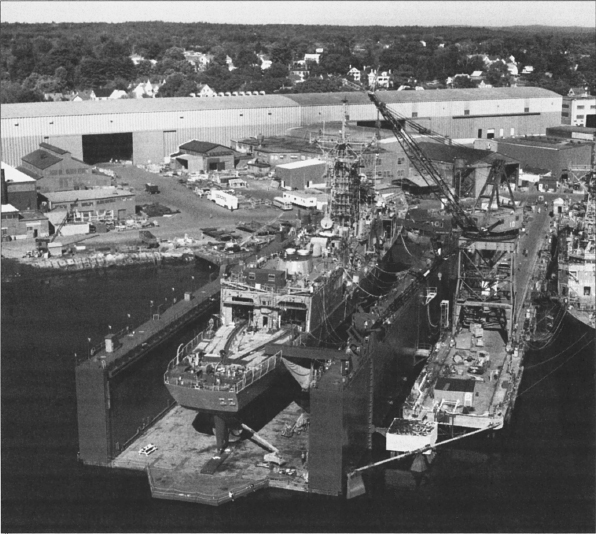 USS Samuel B. Roberts (FFG 58) being outfitted in the dry dock at Bath Iron Works in Maine, ca. summer 1985. Courtesy General Dynamics Bath Iron Works