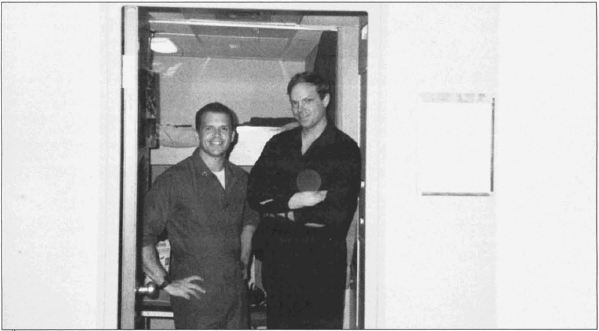 Lt. Gordan Van Hook, chief engineer (left), and Lt. Eric Sorensen, damage control assistant, in officers’ country aboard the Roberts, ca. 1986. Courtesy Eric Sorensen