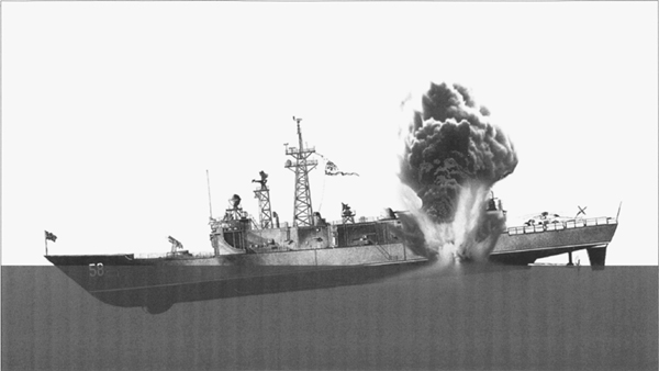 An artist’s conception of the mine blast, which occurred in the central Persian Gulf about 4:50 PM local time, 14 April 1988. Chris Stopa