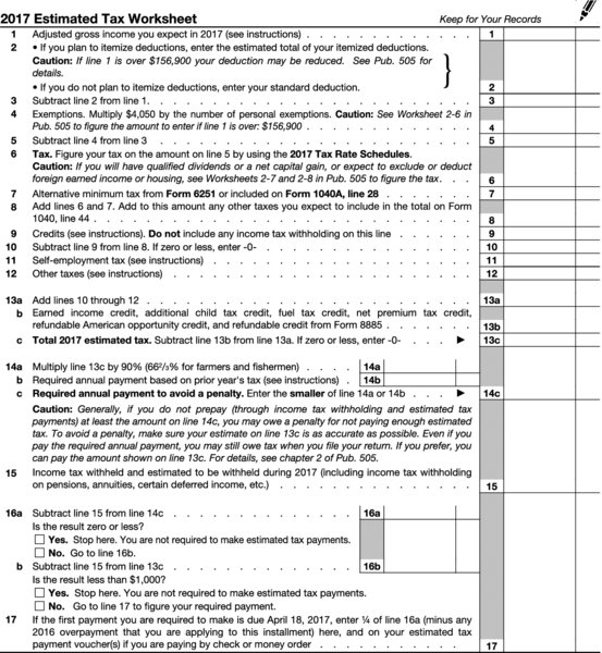 Sheet shows estimated tax worksheet having questions to be filled like adjusted gross income, exemptions, deductions, earned income, et cetera.