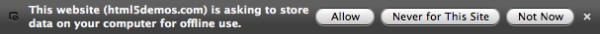 offline site access prompting for Prompt to allow offline web application storage in the app cache