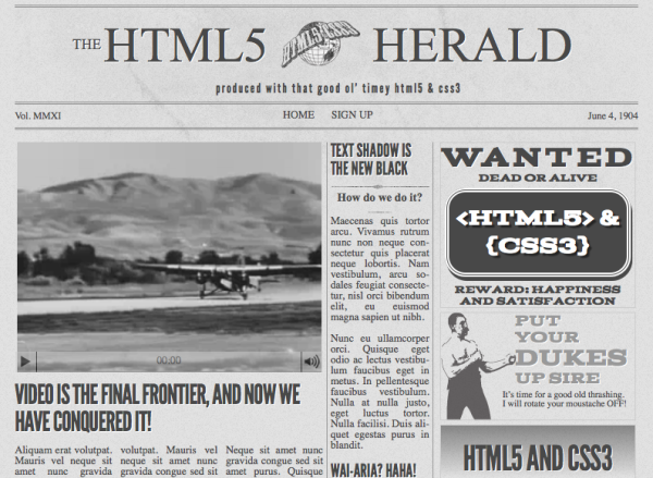 The front page of The HTML5 Herald