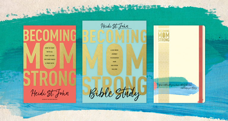 covers of Becoming MomStrong, The Becoming MomStrong Bible Story, and Becoming MomStrong Journal