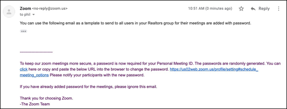 Illustration of a Zoom email confirmation of new security settings for a user group.