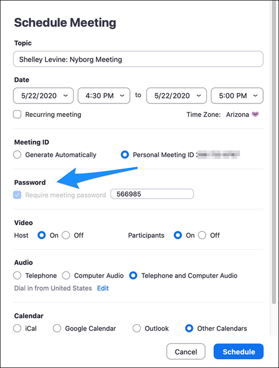 Illustration for scheduling a meeting where Zoom does not allow a user to uncheck the Password box.