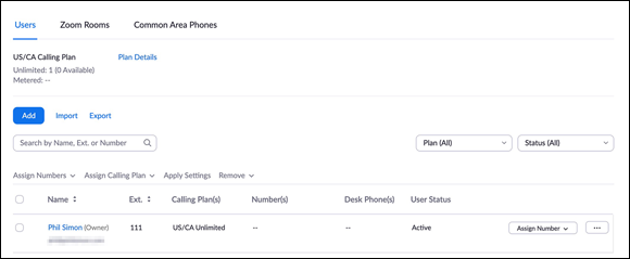 Screenshot of the Zoom web portal displaying the users in an organization, prior to a plan assignment.
