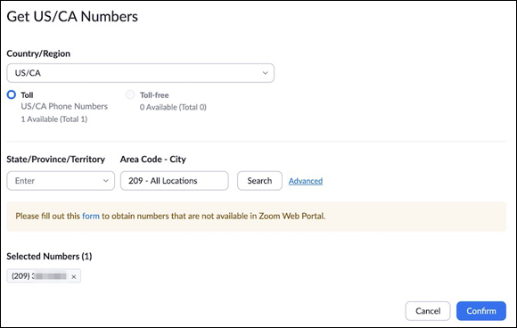 Zoom displaying the screen depicting a second prompt to select an outbound calling number (United States/Canada number).