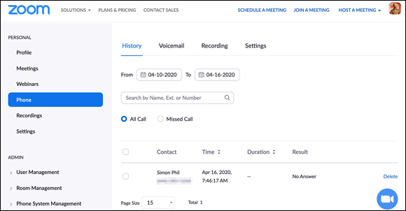 Screenshot displaying the Phone section of the Zoom web portal providing the history of a call - the date and time.