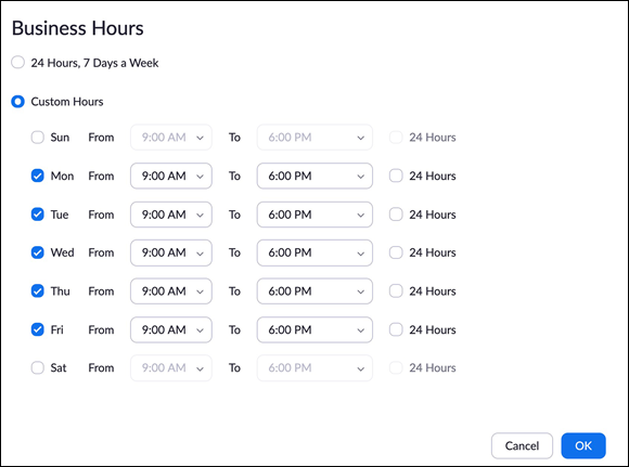 Zoom displaying the grid of checkboxes for setting available business hours every 24 Hours, 7 Days a Week, by default.