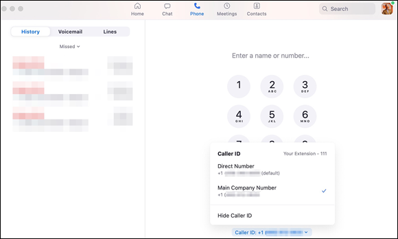 Screenshot of the Zoom Phone displaying three options: The direct number; the main company number; and the hide caller ID option.